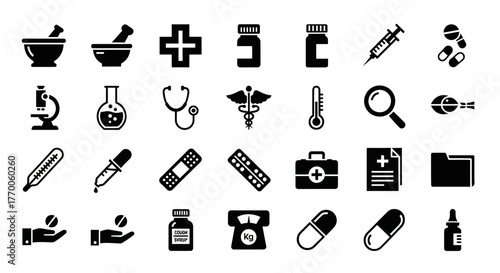Comprehensive set of black medical and pharmacy icons. Vector glyphs for hospital, clinic, and science themes isolated on white