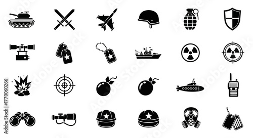 Comprehensive set of military glyph icons representing war, army, and combat themes. Black vector symbols collection for design