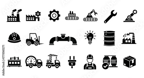A versatile collection of industrial silhouette icons depicting factory production, heavy machinery, engineering, and manufacturing ingenuity