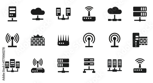 A comprehensive set of solid glyph icons representing internet technology, data servers, networking hardware, and cloud communication concepts