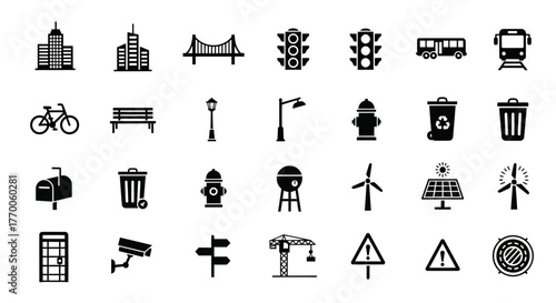 Set of black solid glyph icons representing city infrastructure, urban elements, transportation, and public services for graphic design