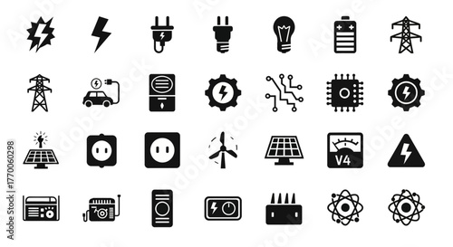 A diverse collection of black glyph icons representing electricity, renewable energy sources, and modern technology concepts