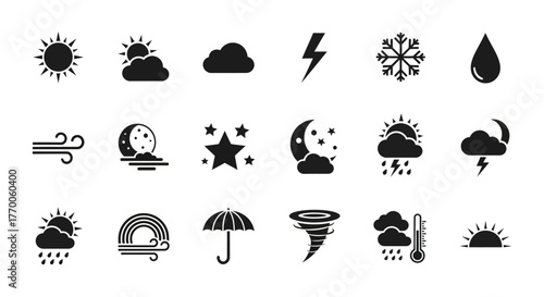 Set of flat black weather forecast icons. A collection of simple vector symbols for sun, rain, wind, storm, and climate conditions