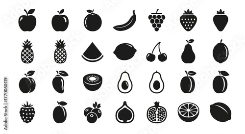 A comprehensive set of minimalist black glyph icons depicting various fruits and berries for healthy eating and nutrition concepts