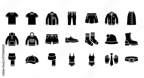 A versatile set of clothing and apparel glyph icons, showcasing a collection of fashion items for different seasons