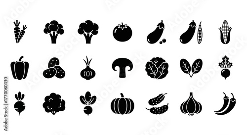 A comprehensive set of solid black vegetable icons. This glyph collection features various farm-fresh foods for healthy eating and culinary design concepts