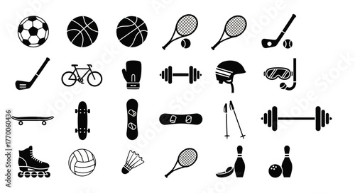 A diverse collection of vector sport equipment icons in a simple black silhouette style for active lifestyle and recreation concepts