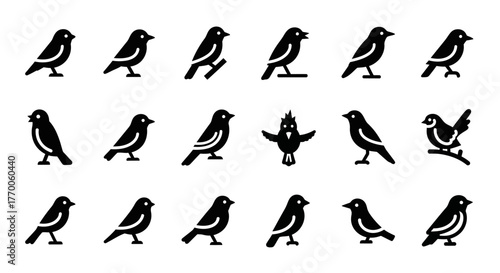 A collection of simple black bird icons in various poses. This vector graphic set features minimalist animal silhouettes, including finch and sparrow symbols for design projects