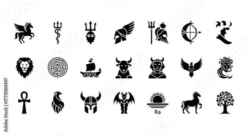 A diverse set of clean silhouette icons representing ancient mythology, including Greek gods, legendary creatures, and cultural symbols