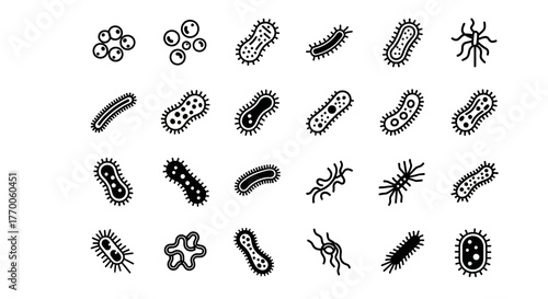A diverse collection of microorganism linear icons, featuring various bacteria, germs, and pathogens for science and medical design projects