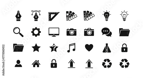 A comprehensive collection of essential solid black glyph icons for web design, mobile applications, and user interface development