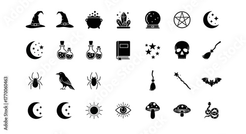 Set of black witchcraft and magic glyph icons. Collection of esoteric and occult symbols for wicca and paganism, kufu (148).eps vector set