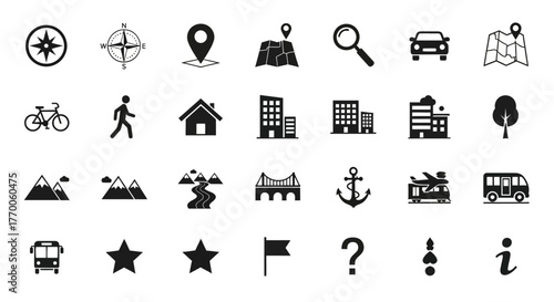 A versatile set of solid glyph icons for maps, navigation, and travel applications, featuring symbols for location, transportation, and points of interest