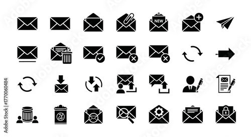 A comprehensive set of solid glyph icons for email applications, featuring send, receive, delete, and spam symbols for user interface design