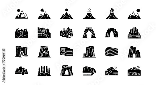 Set of black glyph icons depicting various geological formations, including mountains, volcanoes, canyons, and natural rock arches for infographic design elements