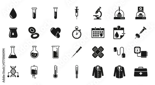 A modern set of black glyph icons representing medical diagnostics, scientific laboratory equipment, and healthcare symbols
