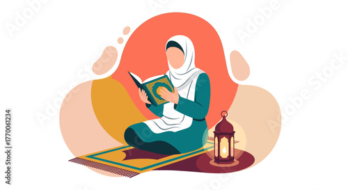 An illustration depicts a woman in a hijab engrossed in reading a book, accompanied by a lantern, symbolizing faith and knowledge.