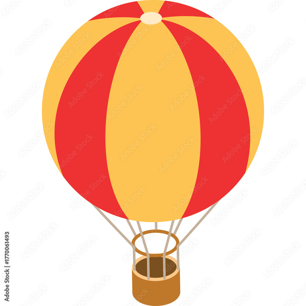 Fototapeta premium Red And Yellow Hot Air Balloon With Brown Basket Floating In The Sky