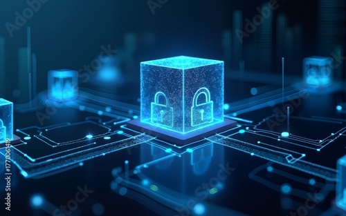 Block chain technology connecting digital cube to big data and cloud computing visualization, online exchange  and transfer security business information in futuristic background. High quality