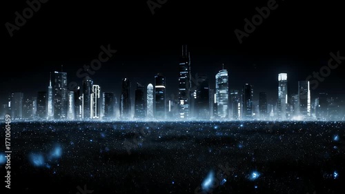 A cityscape glows with lights against the darkness of night. Buildings rise, their windows illuminated, above a landscape of tiny shimmering points