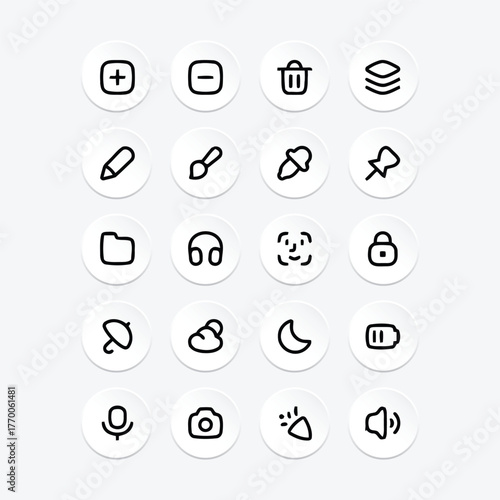 collection of icon sets from, Plush, Minus, Layer, Lock, Pen, Brush, Pin, Document, Mix, Camera, Music, Face lok