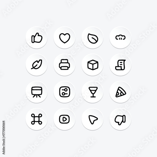 A Collection Set  Icons, like, Herat, Leaf, Print, Note, Youtube, Setting