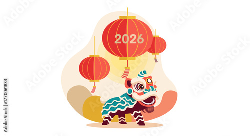 Vibrant illustration of a Chinese New Year celebration, featuring a lion dance performance beneath festive red lanterns with the year 2026.