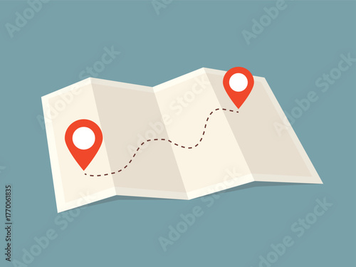 Map with a way to destination with red gps pin, travel and tourism