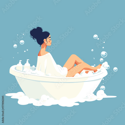 Woman sitting in bathtub with bubble water for relaxation. Hand drawn style vector design illustrations.   , vector style simple color