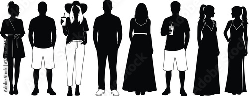 Fashion silhouette vector, diverse people poses, stylish clothing, black graphic illustration, modern outfit design, standing figures, lifestyle clipart, trendy artwork