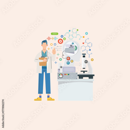 Dedicated male scientist researching in a modern lab, utilizing advanced equipment and molecular designs, symbolizing scientific innovation, discovery, and medical progress