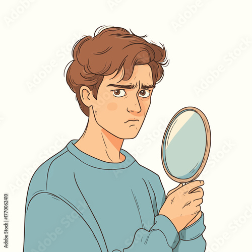 Man Looking at Himself in Hand Mirror with Displeased Expression - Concept of Self-Image and Insecurity. Hand drawn style vector design illustrations.   , vector style simple color