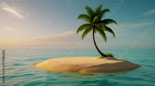Serene Tropical Island with Palm Tree Amidst Calm Turquoise Ocean Waters