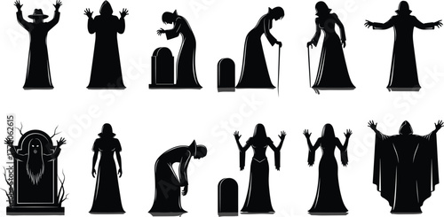 Spooky character silhouette vector, Halloween horror figures, haunted poses, eerie costume design, black graphic illustration, creepy clipart, gothic theme artwork