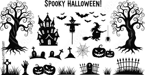 Spooky Halloween vector illustration, haunted house, witch, scarecrow, bats, graveyard, jack-o'-lanterns, black silhouette design, eerie holiday clipart, scary artwork