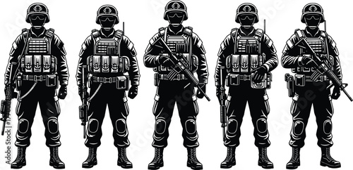 Tactical soldier silhouette vector, armed military unit, black and white illustration, combat gear, weapon pose, modern warfare clipart, defense graphic art