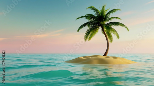 Solitary Palm on Tiny Island Turquoise Waters Pastel Sky Serene Tropical Paradise