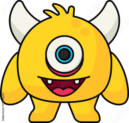 Cute cartoon yellow monster with one eye and horns, fun character design for kids and mascot projects