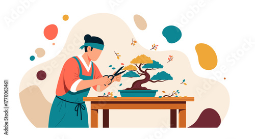 A skilled person meticulously trims a bonsai tree with care, shaping its branches on a wooden table, showcasing the art of miniature tree cultivation.