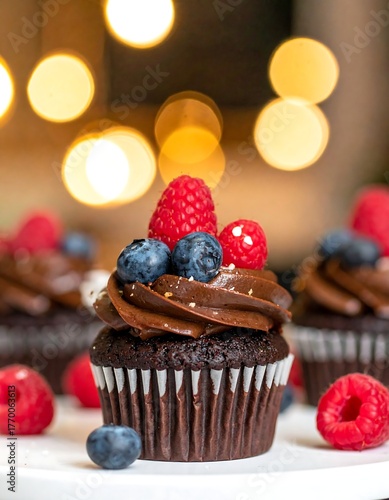 Gourmet chocolate cupcakes, topped with fresh berries and gold sprinkles