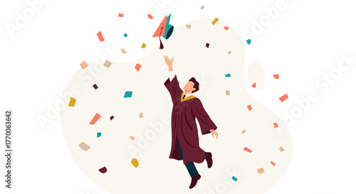 A graduate celebrates academic achievement by tossing their cap into the air amidst colorful confetti, symbolizing success and new beginnings.