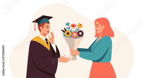 A graduate in a cap and gown receives a bouquet of flowers from a woman, celebrating academic achievement and success in a colorful illustration.