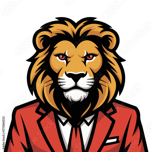 A majestic lion in a formal suit, embodying strength and leadership. The lion's expression is serious and dignified, wearing a suit and tie