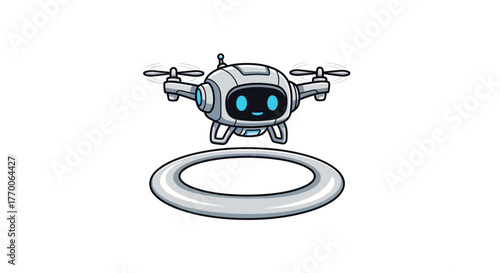 Friendly robotic quadcopter character with a cheerful face. An adorable futuristic flying assistant or mascot vector illustration isolated on white