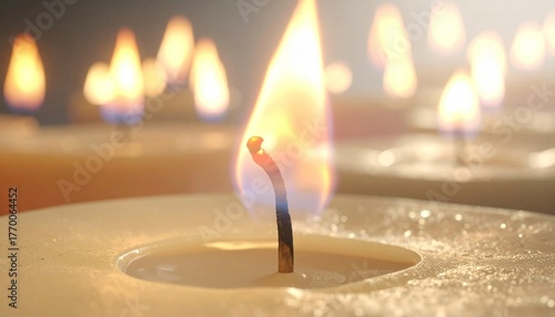 Candle wick and its flame in close range with mixed blur candle group in background.