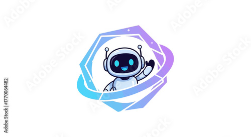 A charming cartoon robot waving hello from inside a futuristic hexagon. This friendly AI chatbot mascot is an ideal icon for technology and virtual assistance
