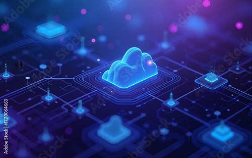 Blue purple color glitch blockchain isometric and digital cloud network technology texture pattern background. Conceptual rendering of crypto systems in 3D. High quality