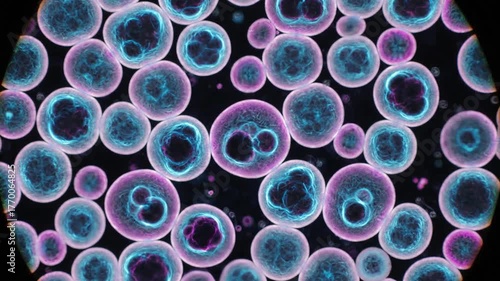 Microscopic view of cells with vibrant colors on a dark background