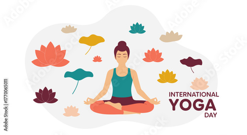 A serene illustration depicts a woman meditating in lotus pose, surrounded by stylized lotus flowers, celebrating International Yoga Day.