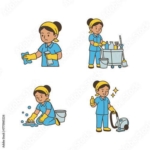 Professional Cleaning Service Woman Icon Set A vibrant vector illustration collection of cartoon-style graphics depicting a house cleaner performing essential sanitation tasks